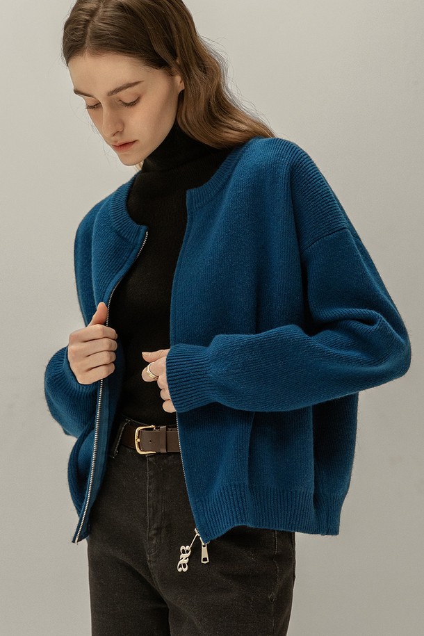 NONANDNON - 후드 집업 - BASIC TWO-WAY KNIT CARDIGAN (BLUE)