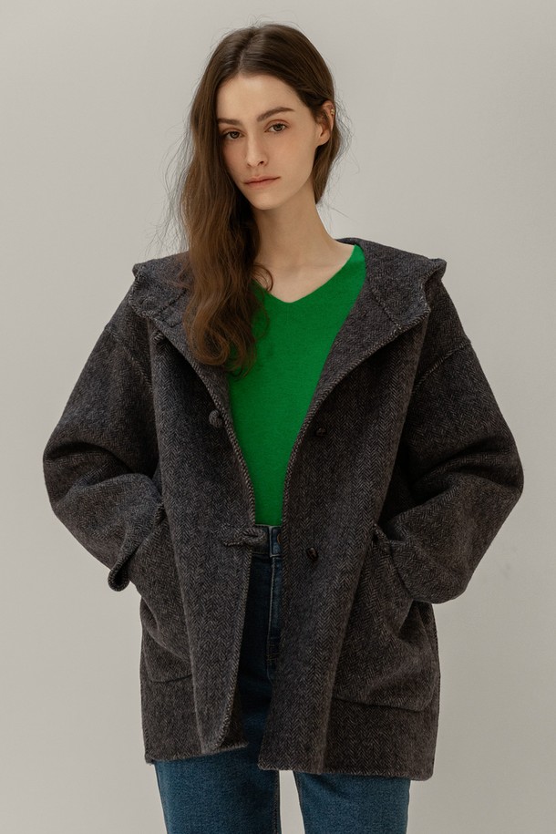 NON AND NON - 코트 - WOOL HOODED HALF COAT (CHARCOAL)