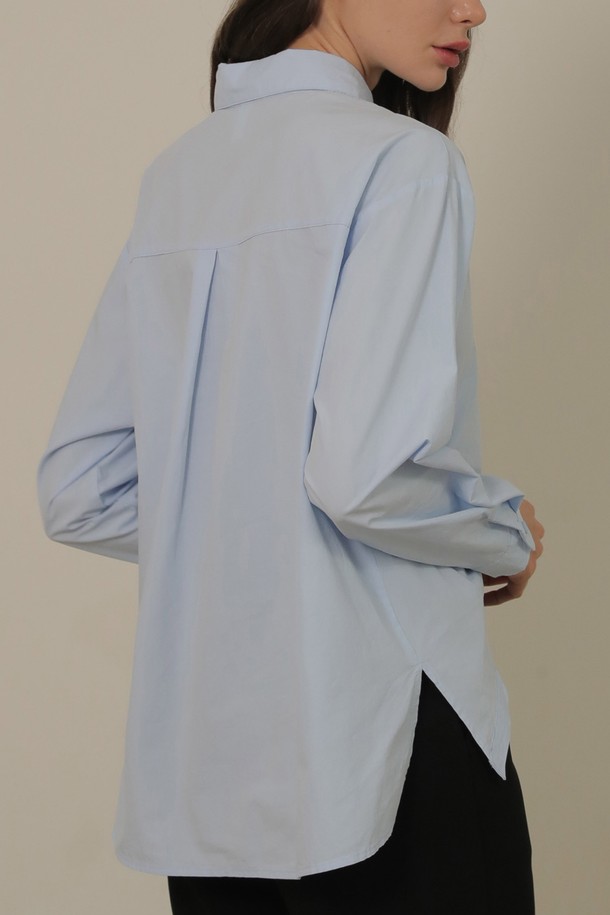 NON AND NON - 블라우스 - Unbalance Strap Cotton Shirt (Sky blue)