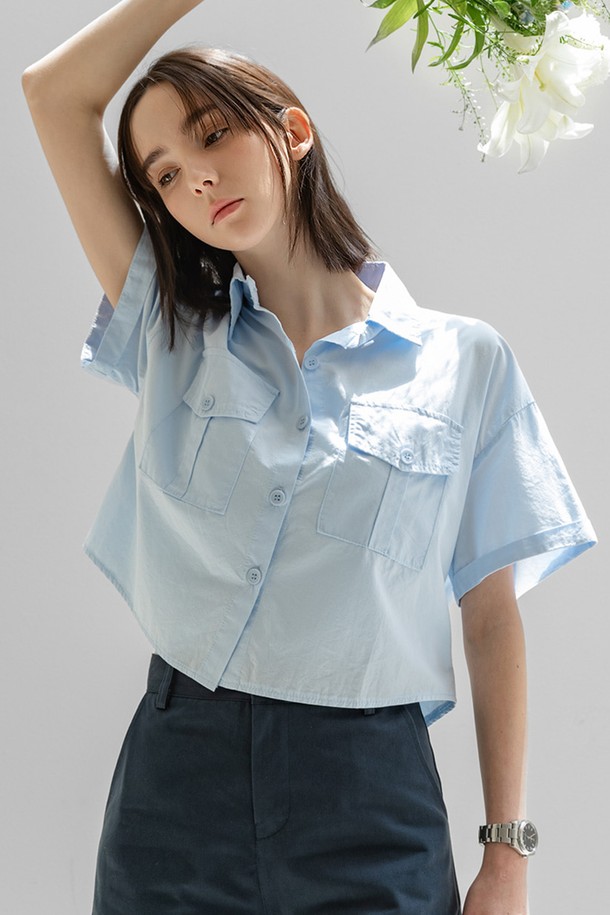 NON AND NON - 블라우스 - Pocket Semi Crop Half Shirt