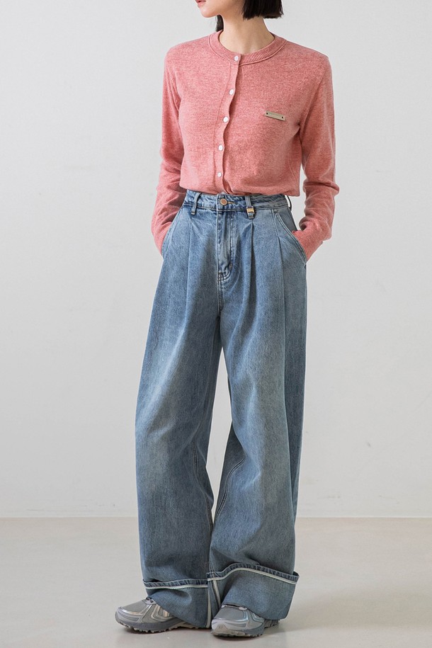 NON AND NON - 데님 - Roll-up Wide Cotton Pants (Light blue)