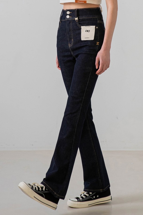 NON AND NON - 데님 - High-Waist Two Buttons Denim Pants (Deepblue)