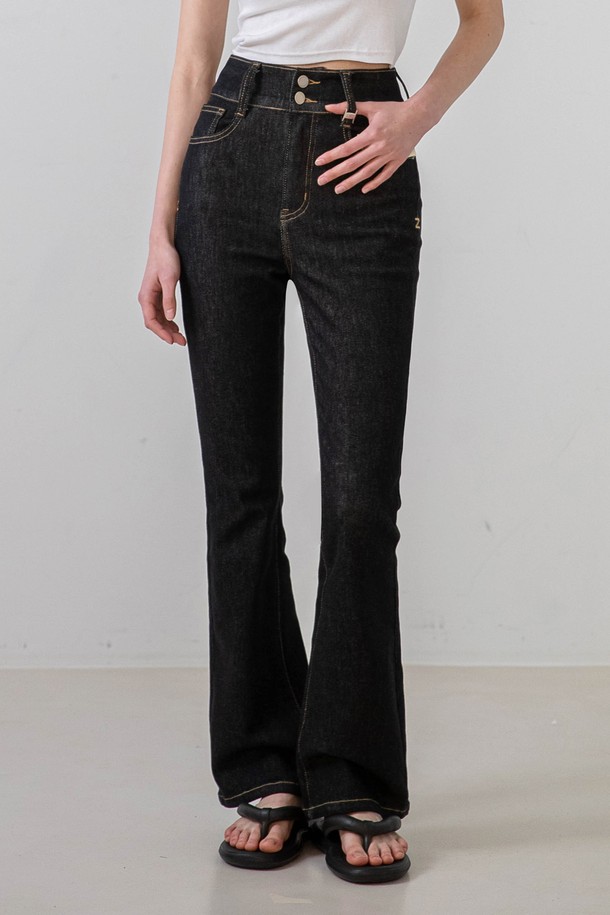 NON AND NON - 데님 - High-Waist Two Buttons Denim Pants (Black)