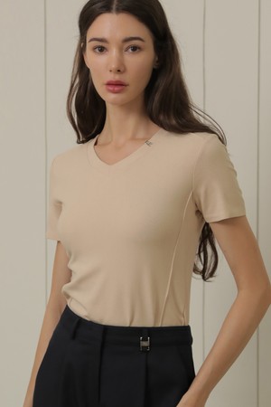 N Logo V neck Span T-shirt (Beige)