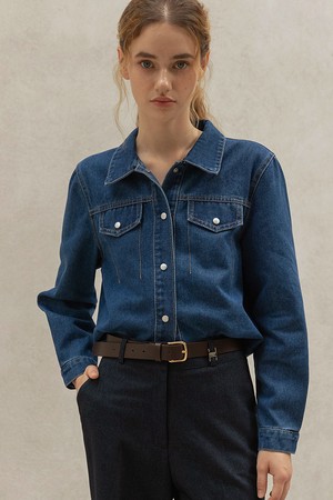 BUTTON DOWN WASHING DENIM SHIRT (BLUE)