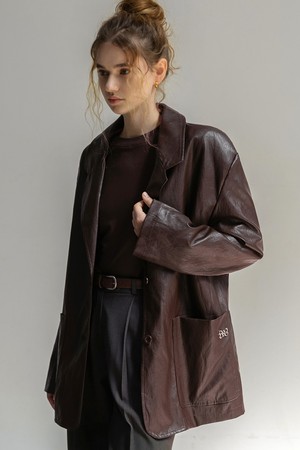 VEGAN LEATHER OVERFIT  BLAZER JACKET (BROWN)