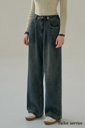 STITCH PINTUCK WIDE DENIM PANTS (DEEP BLUE)