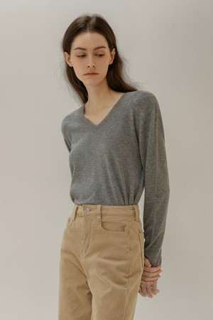 WOOL WHOLE GARMENT V-NECK KNIT (GRAY)