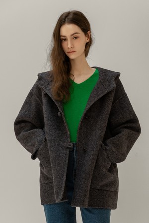 WOOL HOODED HALF COAT (CHARCOAL)