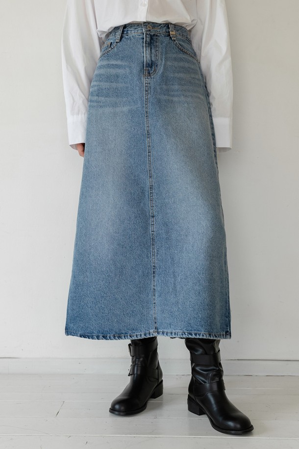 NONANDNON - 데님 - STRAIGHT WASHING DENIM LONG SKIRT NNSK0001 (BLUE)