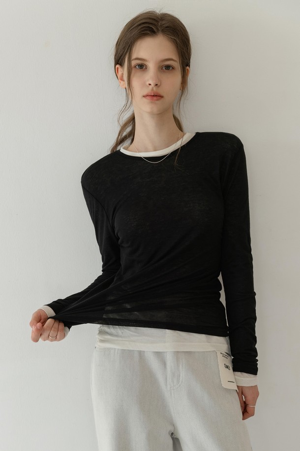 NONANDNON - 긴소매 티셔츠 - THIN NECK WOOL TENCEL SEE-THROUGH T-SHIRT NNTS0006 (BLACK)