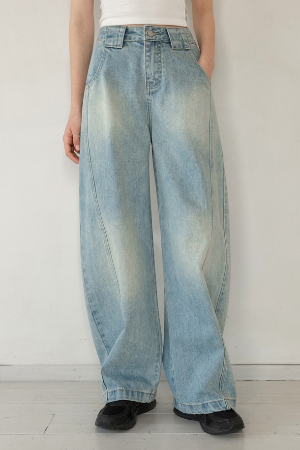 NONANDNON - 데님 - VINTAGE WASHING CURVED DENIM PANTS NNDP0006 (BLUE)