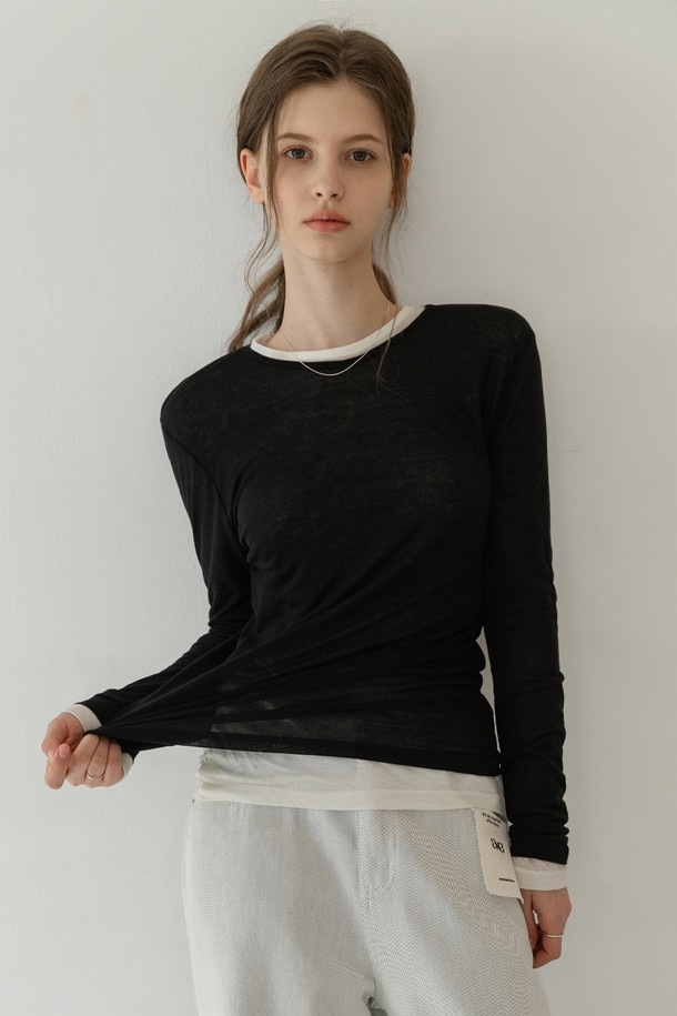 NONANDNON - 긴소매 티셔츠 - THIN NECK WOOL TENCEL SEE-THROUGH T-SHIRT NNTS0006 (BLACK)