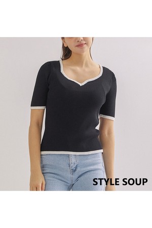 SOUP 퍼프 슬리브 배색 립트니트 (SZ5SKH2)