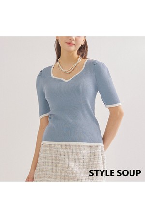 SOUP 퍼프 슬리브 배색 립트니트 (SZ5SKH2)