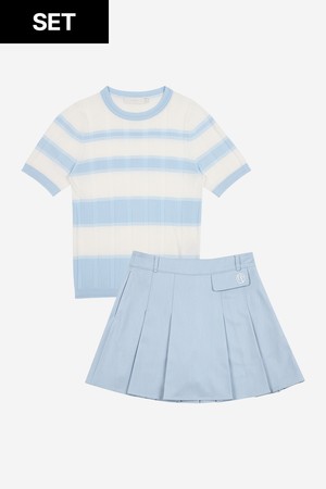 [세트할인] 슬림 골지 니트 S/BLUE & 데님 라이크 플리츠 스커트 SKYBLUE_BLUE-a