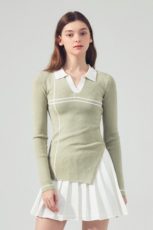 사선 슬릿 골지 카라 니트  L/KHAKI