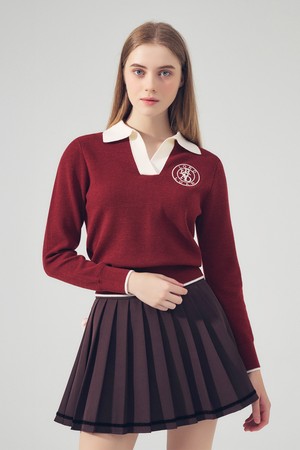 시그니쳐 배색 카라 긴팔 니트 BURGUNDY