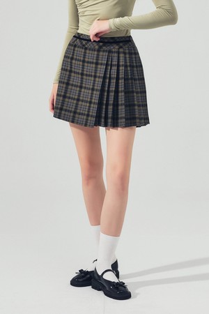 언발란스 체크 랩 플리츠 스커트 D/GREEN