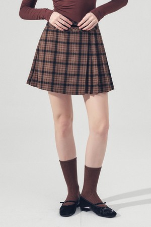 언발란스 체크 랩 플리츠 스커트 BROWN