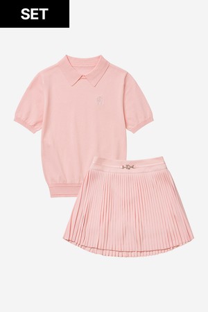 [세트할인] 라운드 넥 카라 니트 PINK & 메탈 로고 A라인 플리츠 스커트 PINK_PINK-a