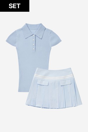 [세트할인] 슬림 골지 카라 캡소매 니트 BLUE & 플랩 언발란스 플리츠 스커트 BLUE_BLUE-a