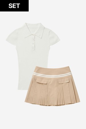 [세트할인] 슬림 골지 카라 캡소매 니트 WHITE & 플랩 언발란스 플리츠 스커트 D/BEIGE_WHITE-a