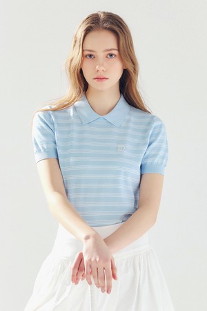 스트라이프 라운드 넥 카라 니트 S/BLUE