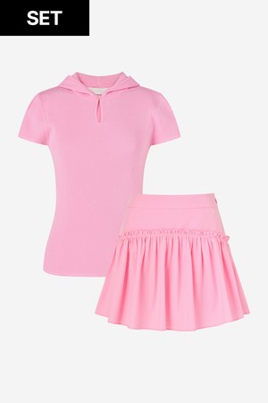 [세트할인] 골지 후드 니트 PINK & 프릴 셔링 스커트 PINK_PINK-a