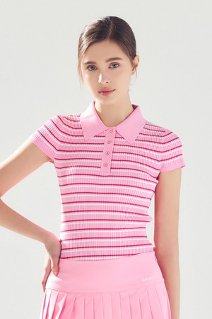스트라이프 슬림 카라 니트 PINK_PINK-a
