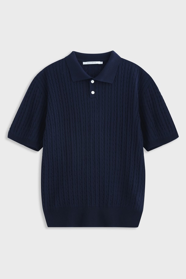 ASHOUR - 스웨터 - Button Collar Cable Half Knit Navy