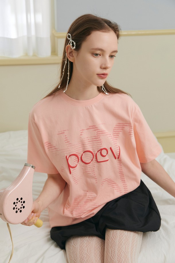 POEV - 반소매 티셔츠 - Flower Letter Oversized T-Shirt - Apricot