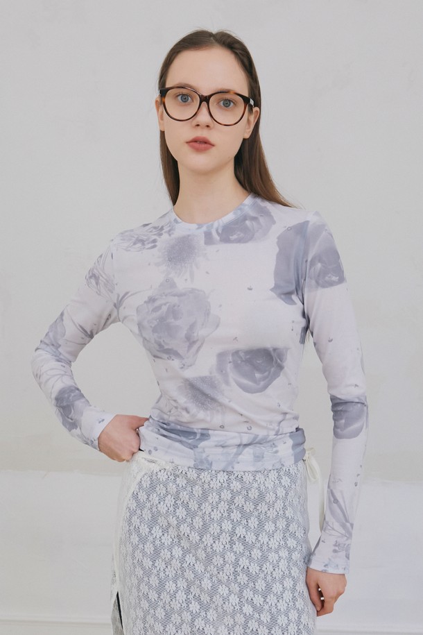 POEV - 긴소매 티셔츠 - Flower Photo Printed Top - Grey