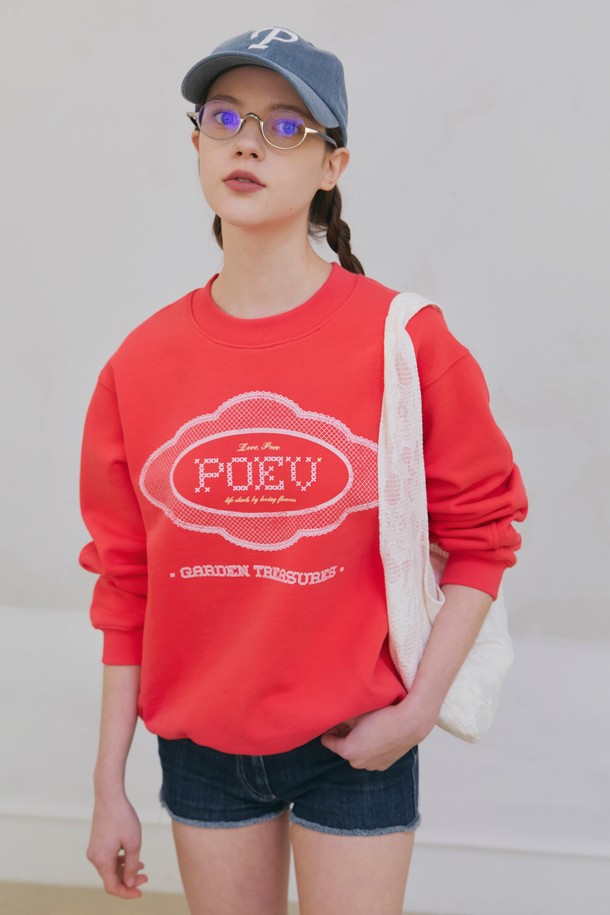 POEV - 스웻셔츠 - Lace Applique Sweatshirt - Bright Red