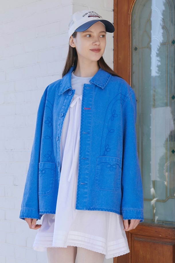 POEV - 자켓 - Floral Stitch French Work Jacket - Blue