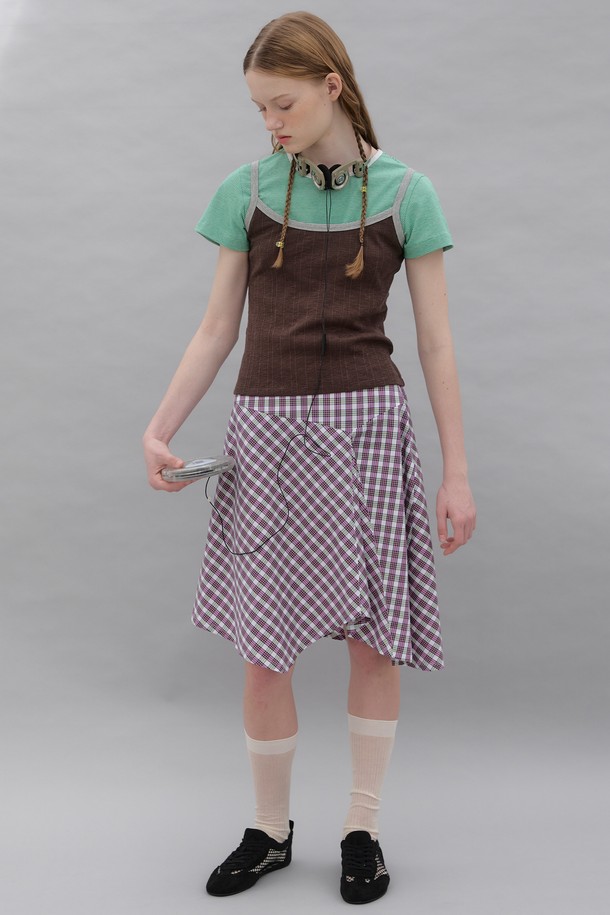 POEV - 미디스커트 - Checked Asymmetric Skirt - Pink