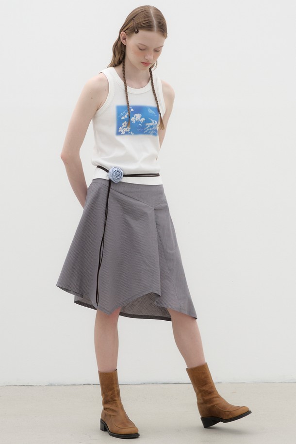 POEV - 미디스커트 - Striped Asymmetric Skirt - Grey