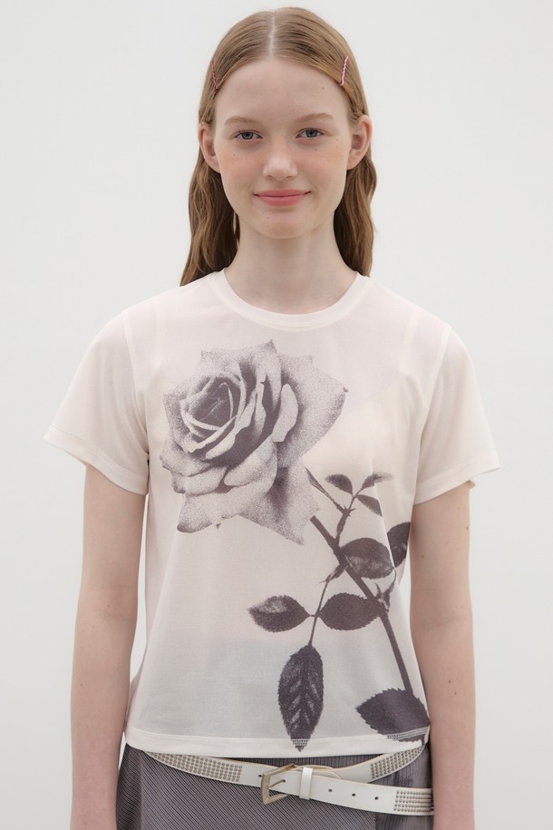 POEV - 반소매 티셔츠 - Rose Printed T-shirt - Ivory