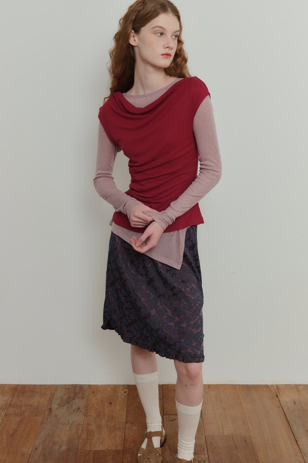 POEV - 미디스커트 - Jacquard Frill Skirt - Blue Brown