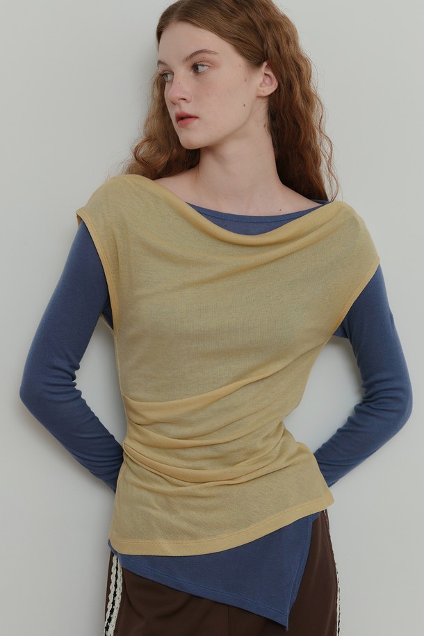 POEV - 긴소매 티셔츠 - Asymmetric Layered Top Set - Butter/Blue