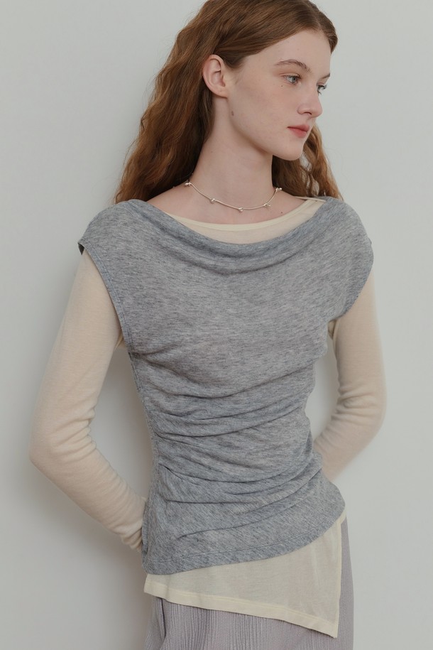 POEV - 긴소매 티셔츠 - Asymmetric Layered Top Set - Grey/Ivory