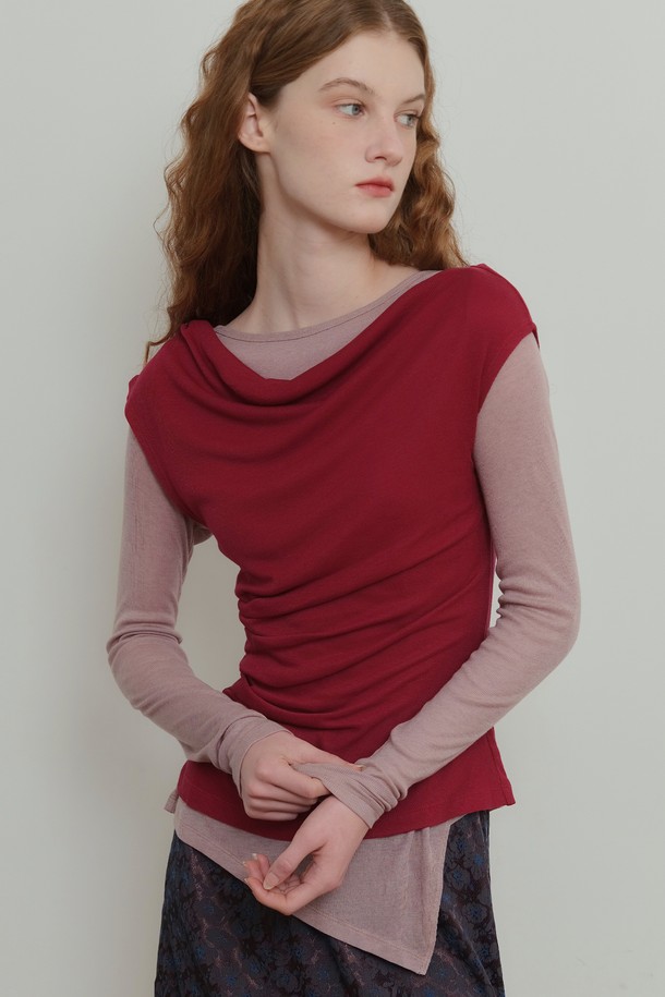 POEV - 긴소매 티셔츠 - Asymmetric Layered Top Set - Red/Pink