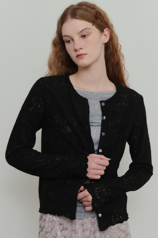 POEV - 가디건 - Flower Mix Button Cardigan - Black