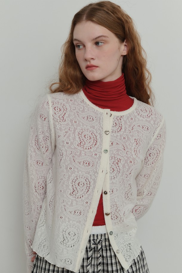 POEV - 가디건 - Flower Mix Button Cardigan - Ivory