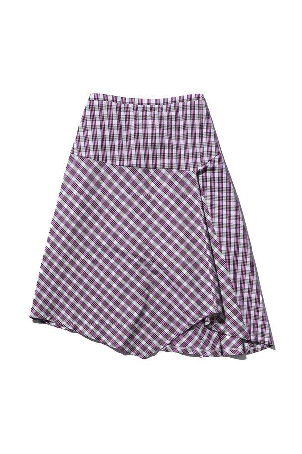 POEV - 미디스커트 - Checked Asymmetric Skirt - Pink