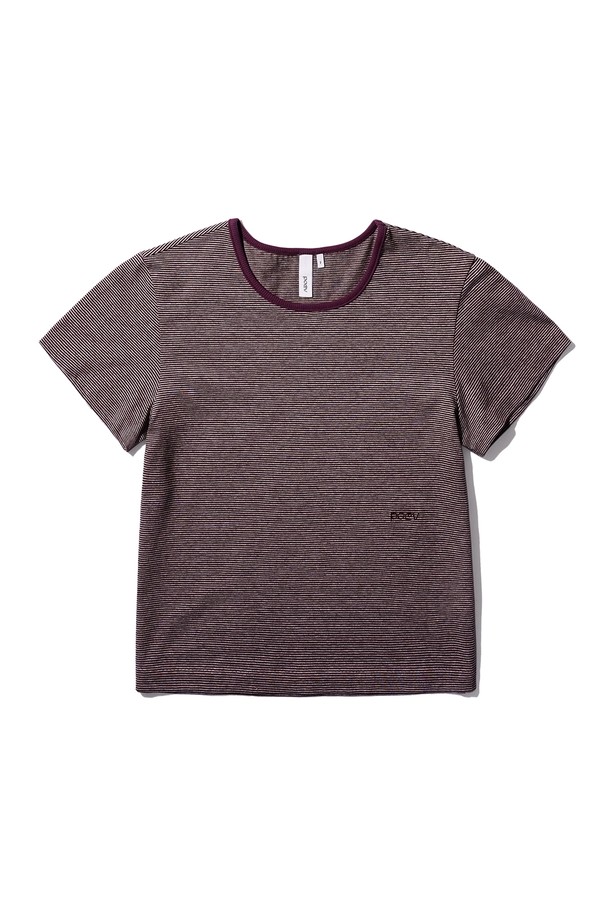 POEV - 반소매 티셔츠 - Two-tone Striped T-shirt - Burgundy