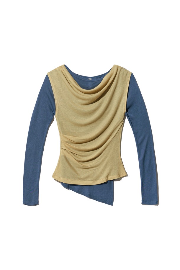 POEV - 긴소매 티셔츠 - Asymmetric Layered Top Set - Butter/Blue