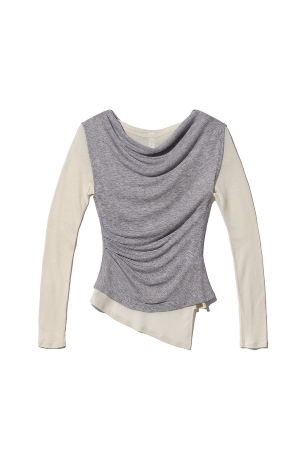 POEV - 긴소매 티셔츠 - Asymmetric Layered Top Set - Grey/Ivory