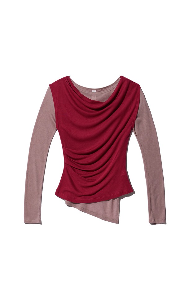 POEV - 긴소매 티셔츠 - Asymmetric Layered Top Set - Red/Pink