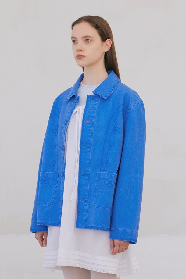 POEV - 자켓 - Floral Stitch French Work Jacket - Blue